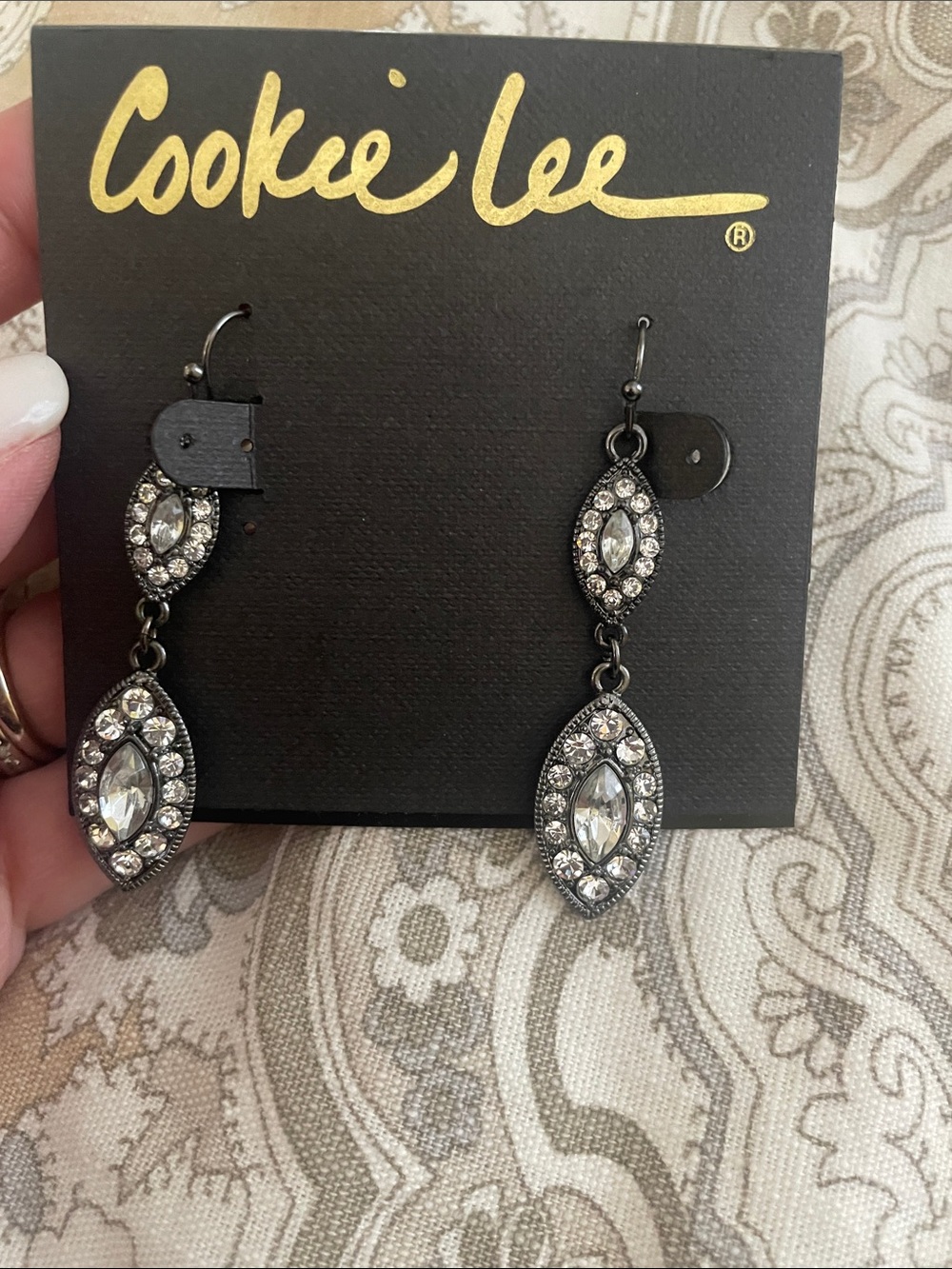 Cookie Lee Black and Clear Crystal Double Drop Earrings